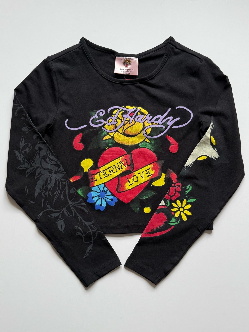 Ed Hardy Kids Girls Eternal Love Long Sleeve T-Shirt, Black - Size Large (14/16)